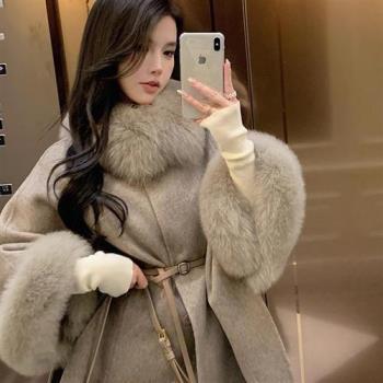 【巴黎精品】羊毛大衣毛呢外套-狐狸毛領中長版斗篷高階女外套3色a1ik2