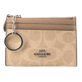 COACH-金馬車撞色皮革方型附鎖圈卡夾零錢包(卡其x膚邊)