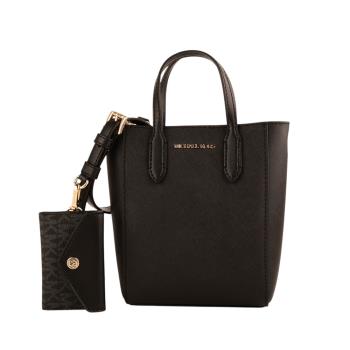 MICHAEL KORS- MK金字滿版PVC皮革附卡夾包斜背手機包(黑)S款