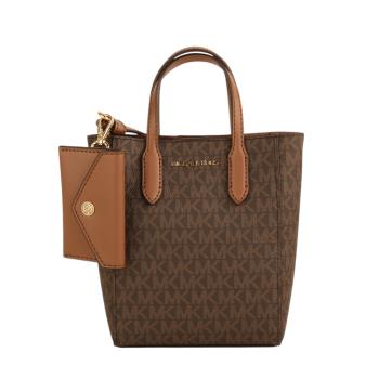 MICHAEL KORS- MK金字滿版PVC皮革附卡夾包斜背手機包(深咖)S款