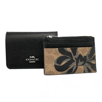 【COACH】C LOGO拉鍊零錢袋2合一短夾(花卉黑)