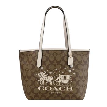 COACH CM183 馬車LOGO印花手提肩背小款托特包.駝/白邊