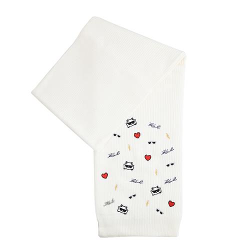 KARL LAGERFELD 卡爾 貓咪愛心電繡徽章保暖針織長圍巾.白