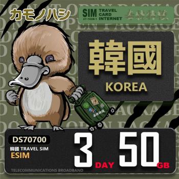 【鴨嘴獸 旅遊網絡卡】韓國eSIM 3日 50GB 用完斷網 網絡卡 韓國上網絡卡 免換卡 流量上網絡卡