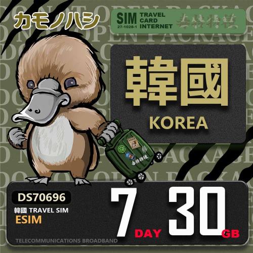 【鴨嘴獸 旅遊網卡】韓國eSIM 7日 30GB  用完斷網  網卡 韓國上網卡 免換卡 流量上網卡