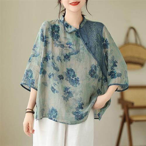 【韓國K.W.】現貨復古中式斜扣亞麻不規則上衣