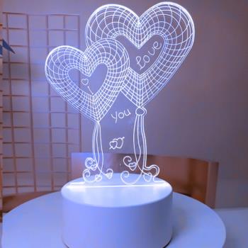 【All Splendid】七色3D雕刻夜燈 雙愛心 壓克力 小夜燈 LED燈 聖誕節 情人節 交換禮物