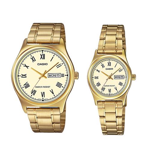 【CASIO 卡西歐】CASIO 卡西歐 石英對錶系列 送禮首選 甜蜜情人不鏽鋼 (MTP-V006G-9B+LTP-V006G-9B)