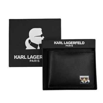 KARL LAGERFELD 卡爾 燙印公仔圖樣對開短夾禮盒組.黑