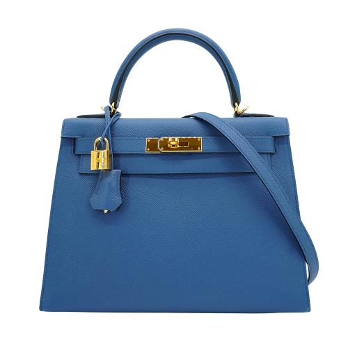 二手品 Hermes Kelly 28 Epsom牛皮金釦手提包(X刻/藍)