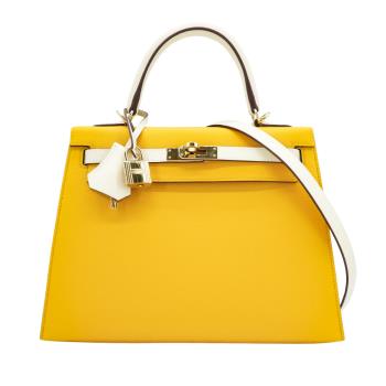 二手品 Hermes Kelly 25 Epsom牛皮金釦手提斜揹包(Y刻/黃/白)