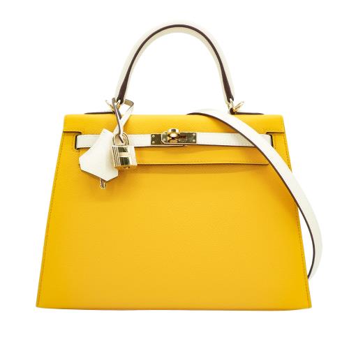 二手品 Hermes Kelly 25 Epsom牛皮金釦手提斜背包(Y刻/黃/白)