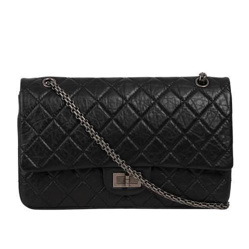 二手商品9.8成新_CHANEL 霧銀釦仿舊小牛皮 Jumbo 2.55 翻蓋肩背包(黑色)