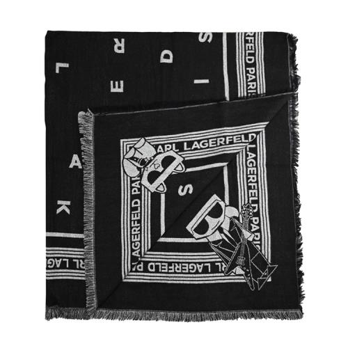 KARL LAGERFELD 卡爾 印花款雙面銀蔥保暖長圍巾/披肩.黑