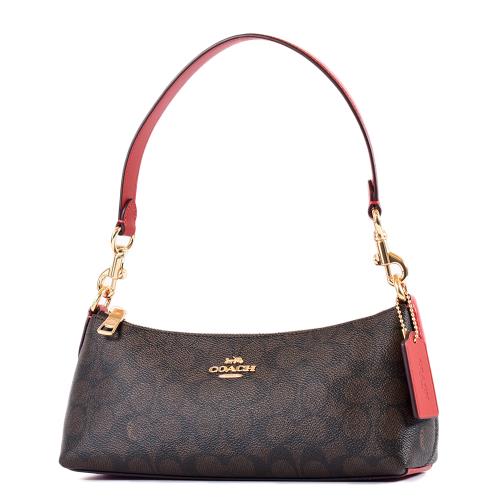 COACH Charlotte 緹花LOGO防刮拉鍊肩背包-咖啡紅