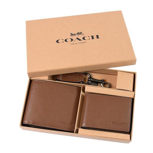 COACH 男款 荔枝紋短夾/證件夾/鑰匙圈禮盒組-棕色