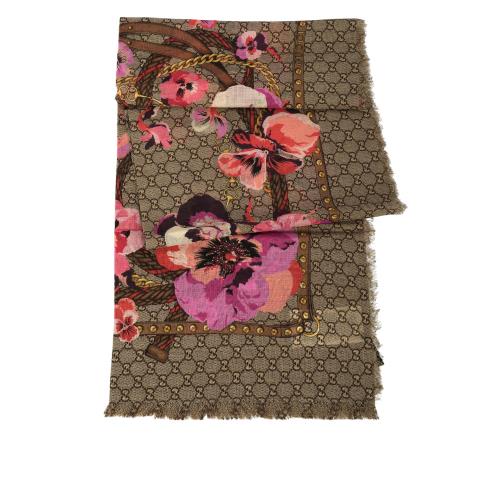 GUCCI GG Logo 花卉圖案羊毛披肩/圍巾(米色/紫紅色)