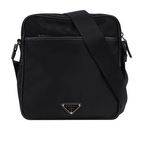 PRADA 刺繡及三角牌Logo 雙面可用尼龍斜背包(黑色)