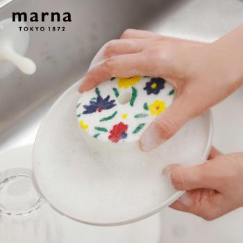 【日本 MARNA】日本製POCO系列廚房海綿菜瓜布-花園款(無吸盤3入)+(吸盤1入) 四件組 吸盤顏色隨機(原廠總代理)