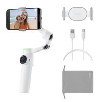 Insta360 Flow 2 Pro 支援藍芽功能與App控制，提供跟隨、平移、固定三種拍攝模式，操作角度可自由調整Pan、Pitch、Roll軸，適合64-84mm夾具尺寸，並支援相機腳架，是專業拍攝的得力助手。