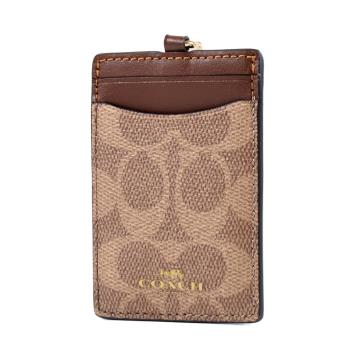 COACH 緹花LOGO防刮皮革識別證掛帶票卡夾-棕褐