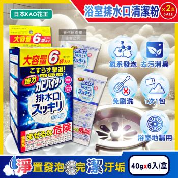 (2盒12入超值組)日本KAO花王-浴室排水口用免刷洗去汙消臭強力發泡清潔粉40gx6入/盒 (大容量衛浴地漏,淋浴間水孔蓋除黑黴皂垢)