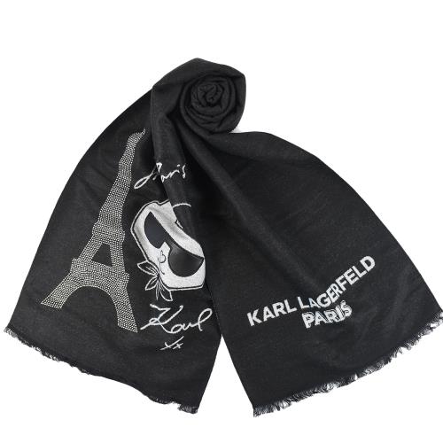 KARL LAGERFELD Choupette鉚釘鐵塔毛邊圍巾-黑色