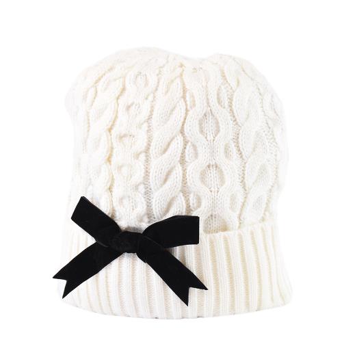 KATE SPADE 專櫃款 天鵝絨蝴蝶結針織帽-奶油白