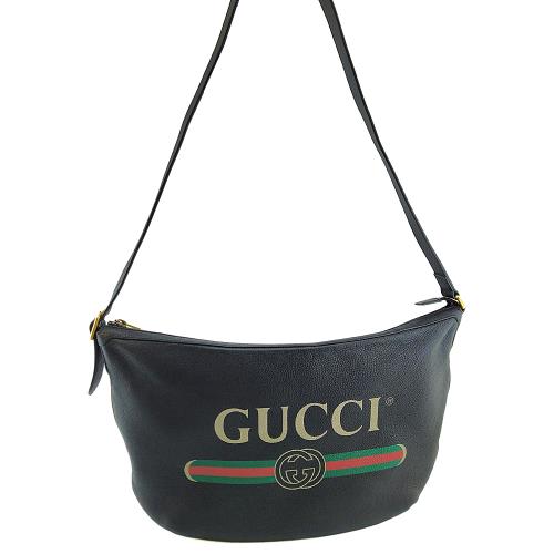 八八成新--GUCCI 黑色粒面牛皮綠紅綠塗鴉斜背半月包