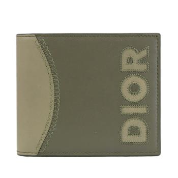 Christian Dior 電繡LOGO撞色小牛皮對開8卡短夾.灰綠