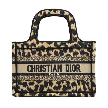 Christian Dior Book Tote Mini 品牌豹紋緹花布手提小托特包.黑邊