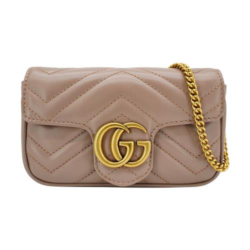 Gucci 展示品 Super Mini Marmont 仿舊金雙G牛皮釦式斜背包(粉藕色)