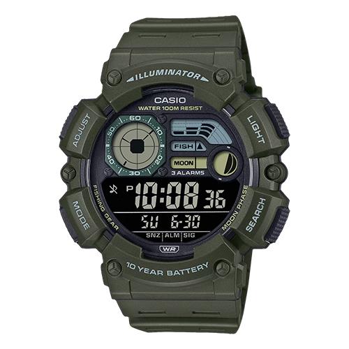 【CASIO 卡西歐】多功能電子錶 軍綠 月相 釣魚指示 防水100米 WS-1500H (WS-1500H-3B)