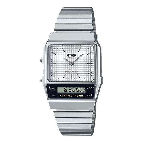 【CASIO 卡西歐】日系復刻版-銀色雙顯 白網格 中性錶 (AQ-800E-7A)