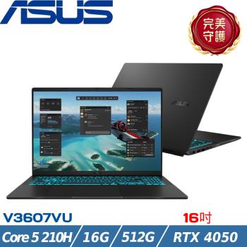 ASUS華碩 V3607VU 系列電競筆電，搭載16吋 FHD (1920x1200) IPS顯示螢幕，提供細膩視覺體驗。內建Intel® Core™ 5 Processor 210H (2.2 GHz) 處理器、16GB DDR5記憶體及512GB SSD儲存空間，搭配NVIDIA RTX 4050 6GB DDR6獨立顯示卡，適合遊戲、設計與高效能運算。支援Wi-Fi 6及Bluetooth 5.3，Win11家用版作業系統，63WHrs電池續航，重量僅2kg。兩年保固，NCC認證CCAI21Y10080T1，BSMI R31018。無光碟機、無讀卡機、無指紋辨識、無附包/鼠。
