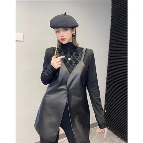 【巴黎精品】皮裙連衣裙-真皮吊帶A字中長裙女裙子a1iv32