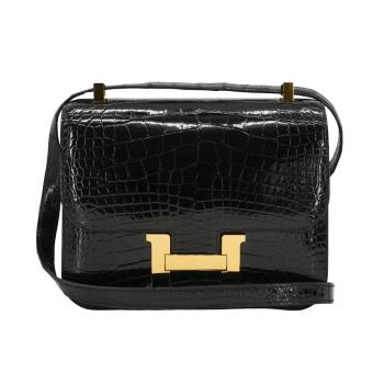 二手品 Hermes Constance 24 亮面鱷金釦肩背/斜揹包(C刻/黑)
