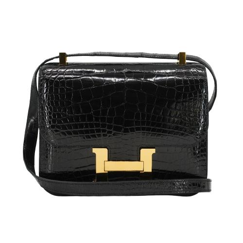 二手品 Hermes Constance 24 亮面鱷金釦肩背/斜背包(C刻/黑)