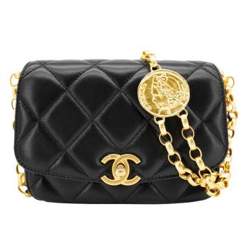 Chanel 展示品 Coco 菱格羊皮大金幣斜揹包-17cm(AS2189-黑)