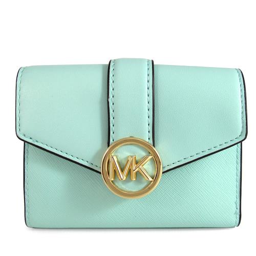 MICHAEL KORS CARMEN金字大圓標LOGO全皮革三折式中夾(淺藍色)
