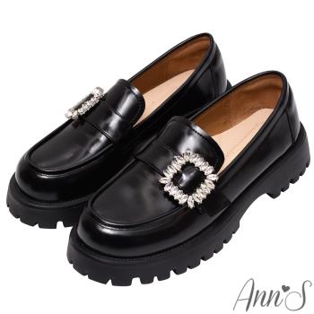 Ann’S心動千金-柔軟羊皮真皮方鑽厚底樂福鞋5cm-黑