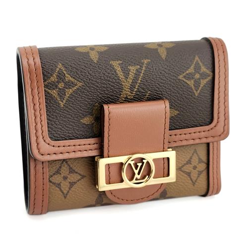 九成新！LV DAUPHINE 雙色字紋帆布金釦三摺式六卡短夾