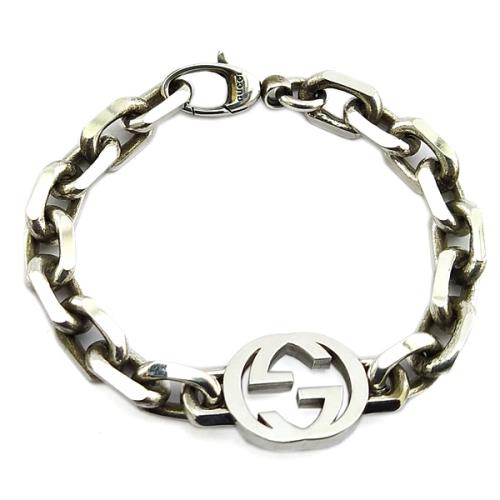 GUCCI Interlocking G 925純銀雙G墜飾環形復古手鍊(粗版)