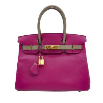 Hermes Birkin 30 Epsom牛皮拚色金釦手提包(玫瑰紫/大象灰)
