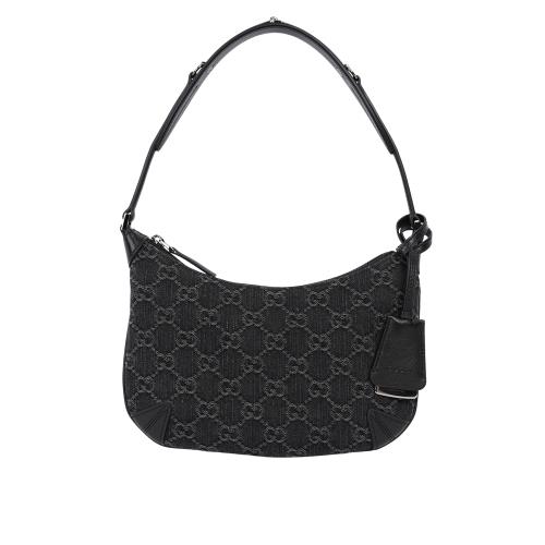 GUCCI Horsebit GG Logo 牛仔布窄版彎月肩背包(黑色)