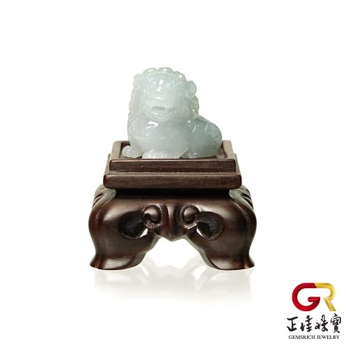 【正佳珠寶】翡翠 頂級冰糯種飄綠 祥瑞醒獅 天然A貨翡翠擺件｜黑檀木座