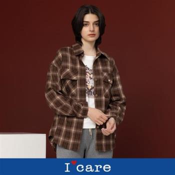 現貨【Icare 依卡】棕色法蘭絨雙口袋格紋襯衫（F）｜女長版襯衫 襯衫外套