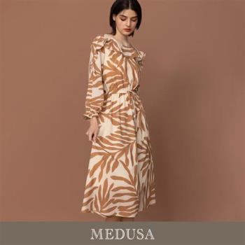 現貨【MEDUSA 曼度莎】卡其樹葉印花荷葉雪紡洋裝（M-XL）｜長洋裝 休閒長洋裝 印花長洋裝