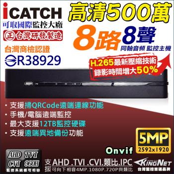 KMQ-0828EU-K Icatch 可取 H.265 8路 監控主機 500萬 5MP AHD TVI CVI 類比 手機遠端 DVR
