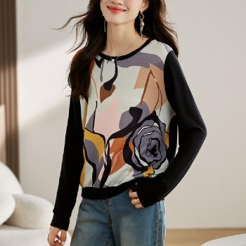 【LANNI 藍尼】★休閒拼接抽象圖騰上衣(女上衣/長袖/圓領)